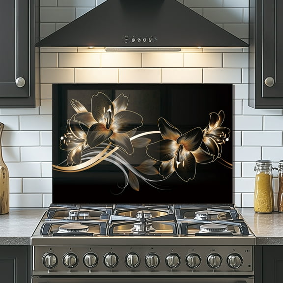 Abstract Flower Tempered Glass Backsplash For Kitchen Behind Stove,Stove Back Top Cover,Easy to Clean Glass Splashback, Sink Cover Splash Guard,Home Kitchen Wall Decor