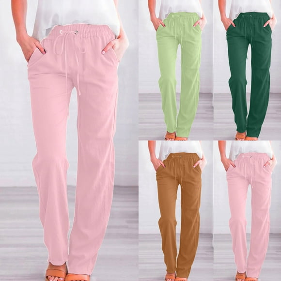 Sentmoon Linen Pants Women Petite Solid Color Drawstring High Waist Womens Flowy Pants Loose Fit Straight Leg Summer Plus Size Pants for Women for Everyday Casual Wear