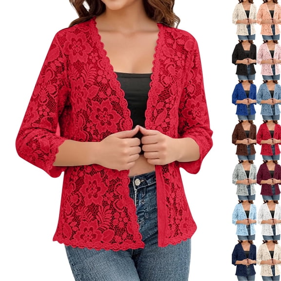 Crochet Cardigans for Women Lightweight 3/4 Sleeve Open Front Bolero Shrug Summer Dressy Casual Lace Cardigan Sweater (S,Red)