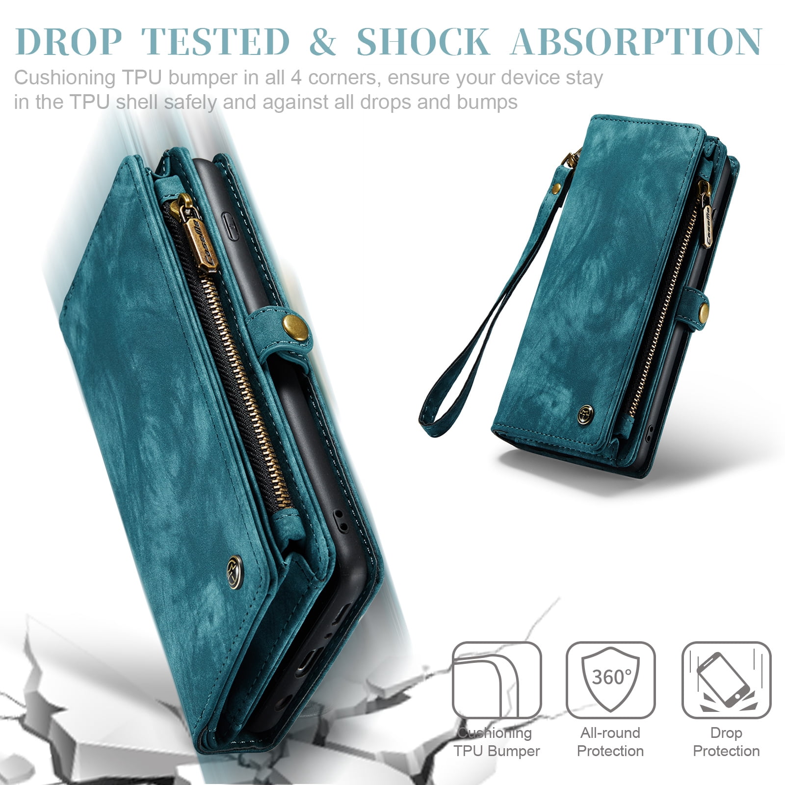 For Samsung Galaxy S10 Wallet Case,Multi-Functional Retro Leather Purse Flip Cover Zipper Wallet Case with Removable Card Slots Pocket & Detachable Wrist Strap Magnetic Phone Case, Green