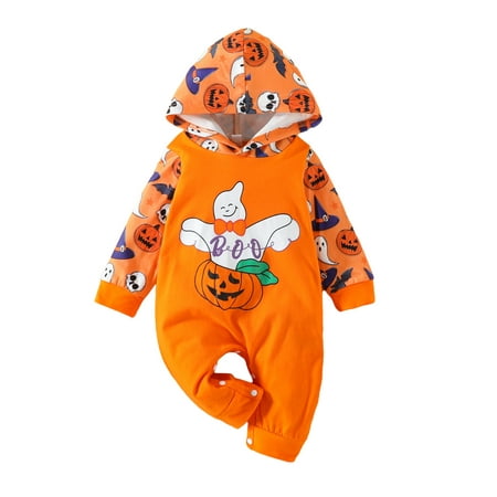 

Gureui Newborn Baby Spring Autumn Jumpsuit Casual Halloween Print Long Sleeve Hooded Rompers for Toddler Infant Girl Boy
