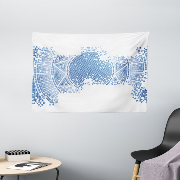 Geometric Tapestry, Old Worn Out Ancient Greek Mosaic Pattern Antique Historical Round Tile Artwork, Wall Hanging for Bedroom Living Room Dorm Decor, 60W X 40L Inches, Light Blue, by Ambesonne