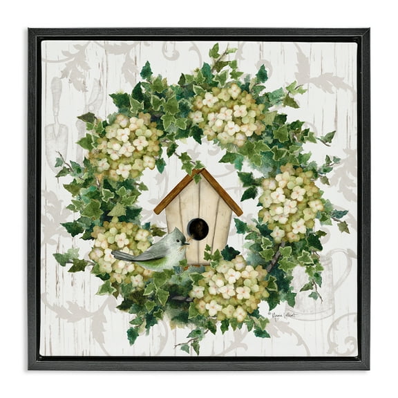 Stupell Industries Spring Birdhouse Wreath Botanical & Floral Painting Black Floater Framed Canvas Art Print Wall Art, 18 x 18