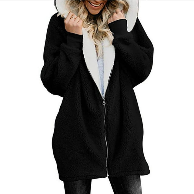 Womens Oversized Zip Up Sherpa Fleece Jacket with Pockets Hoodie Winter Coat Outerwear Black XXL