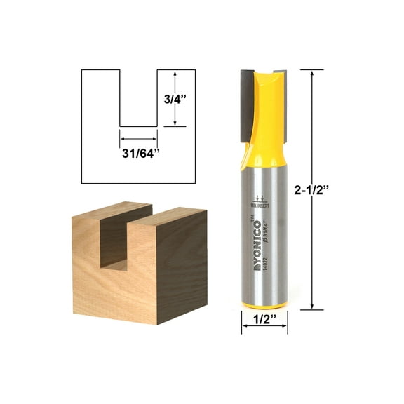 Yonico Undersized Plywood Straight Dado Router Bit - 31/64" Dia. X 3/4" Length - 1/2" Shank - 14922