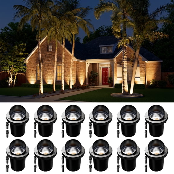 Yinghao 12 Pack 5W Low Voltage Well Lights with Glare Shield, Connectors, Aluminum Paver Lamp, Waterproof 12-24V Outdoor Uplights for Driveway, Fence, Trees