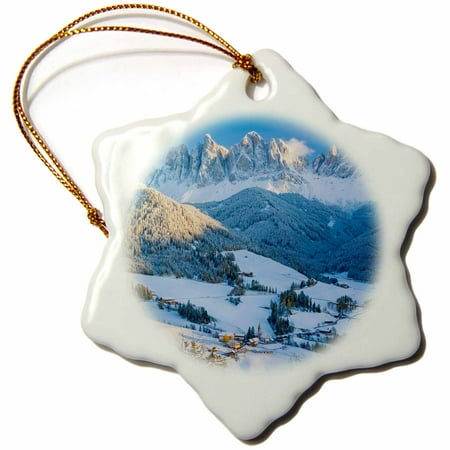 3dRose Snow, St. Magdalena village, South Tirol, Italy - Snowflake Ornament,