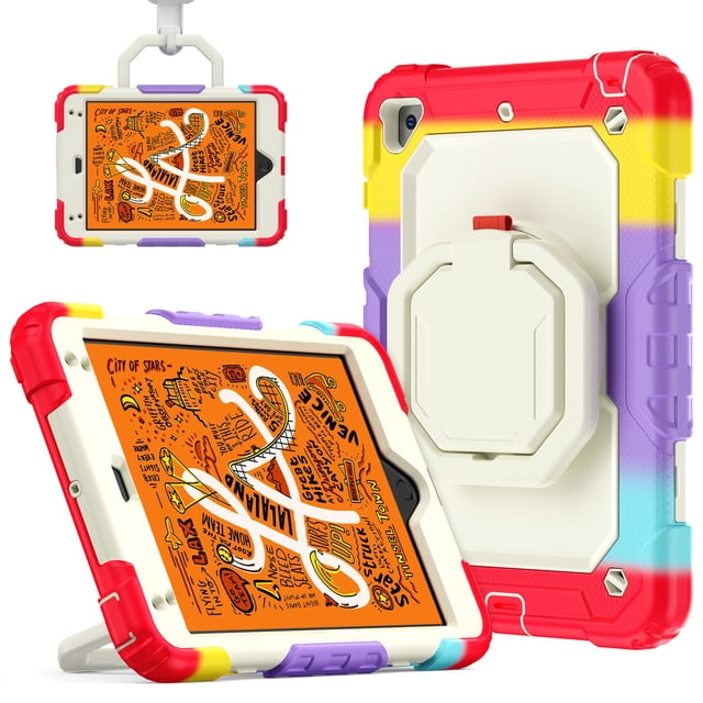 for iPad Mini 5th/4th Generation Case 7.9 inch 2019/2015, 360 Rotating Shockproof Cover with Stand, Handle, Shoulder Strap, Rainbow Red