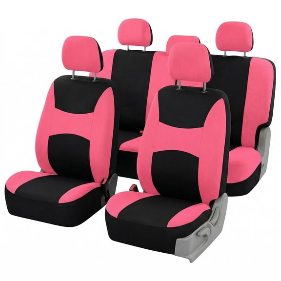 FH Group Light & Breeze Seat Covers Combo Set, Full Seat Set with Leather Steering Wheel Cover, Pink Black