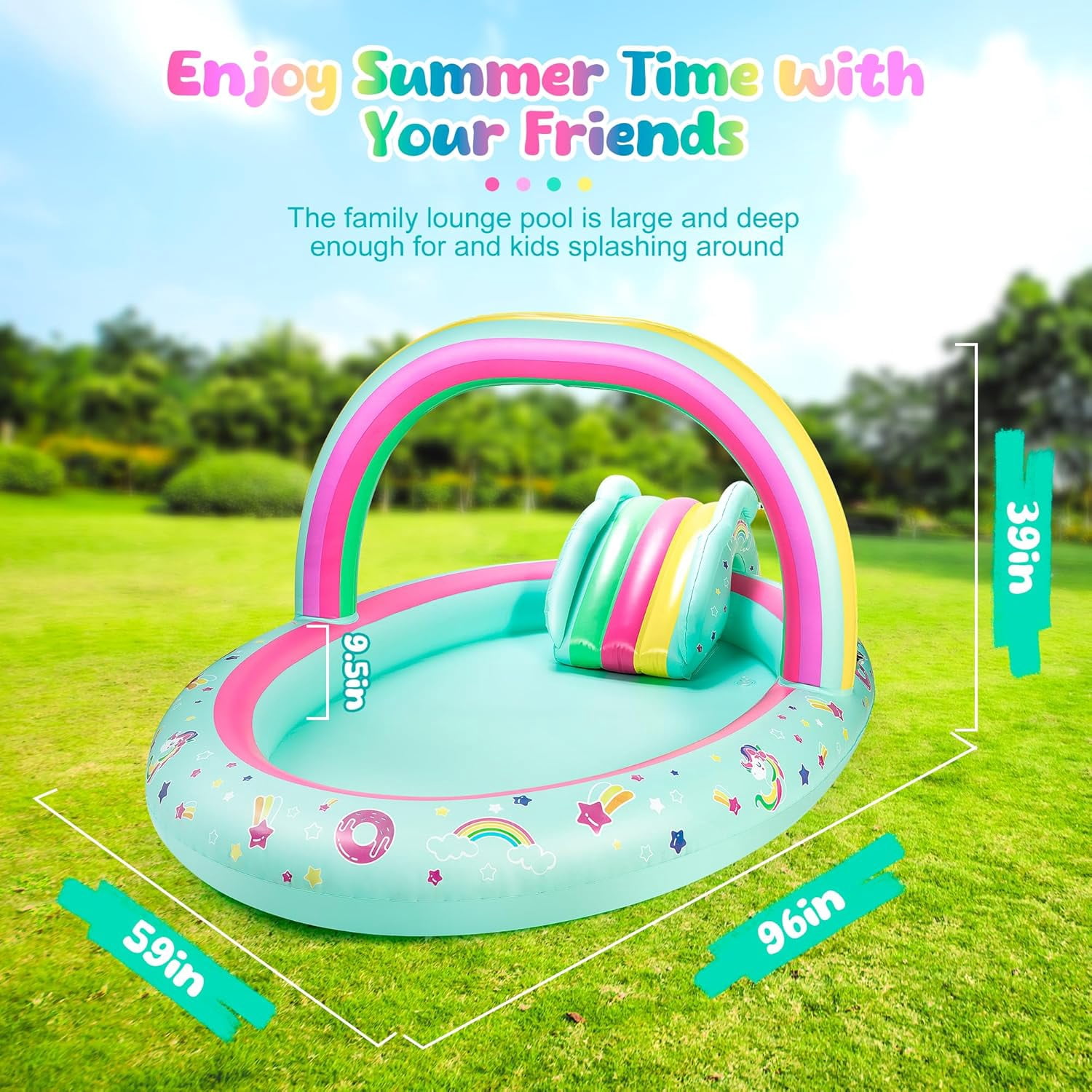 Rainbow Unicorn Inflatable Play Center Kiddie Pool with Slide and Sprinkler for Children, 96''x59''x39''in Baby Pool for Backyard and Garden, Free Inflatable Pump