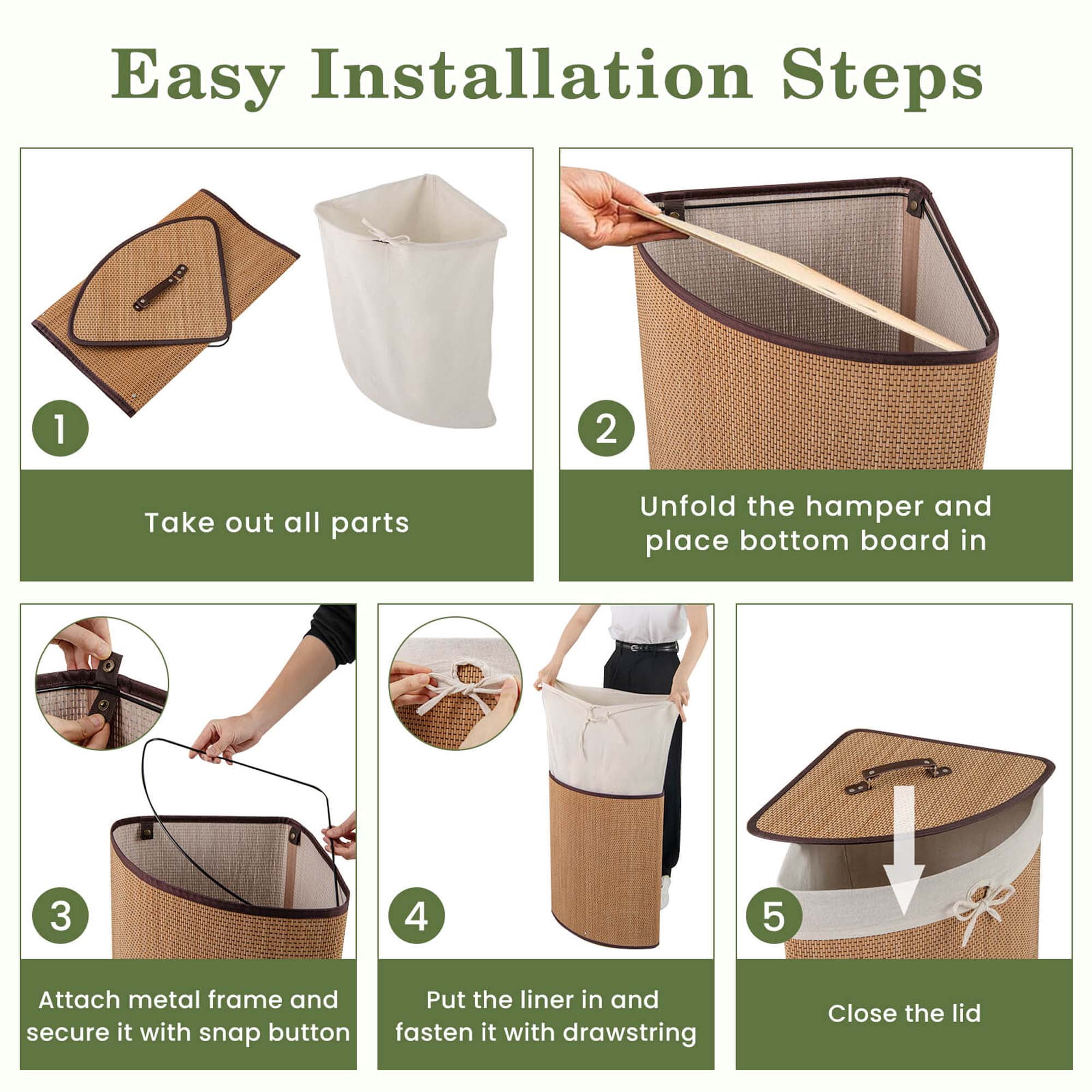 Costway Corner Bamboo Hamper Laundry Basket Washing Cloth Bin Storage Bag Bamboo