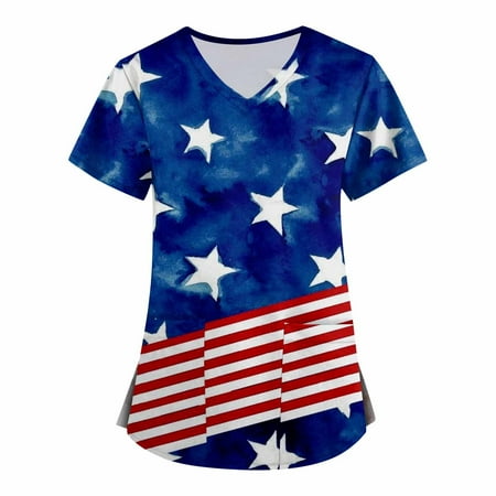 

QAZXD Womens Summer Independence Day Scrub Tops V-Neck Short Sleeve Graphic Prints Shirts Blouse Blue 5XL