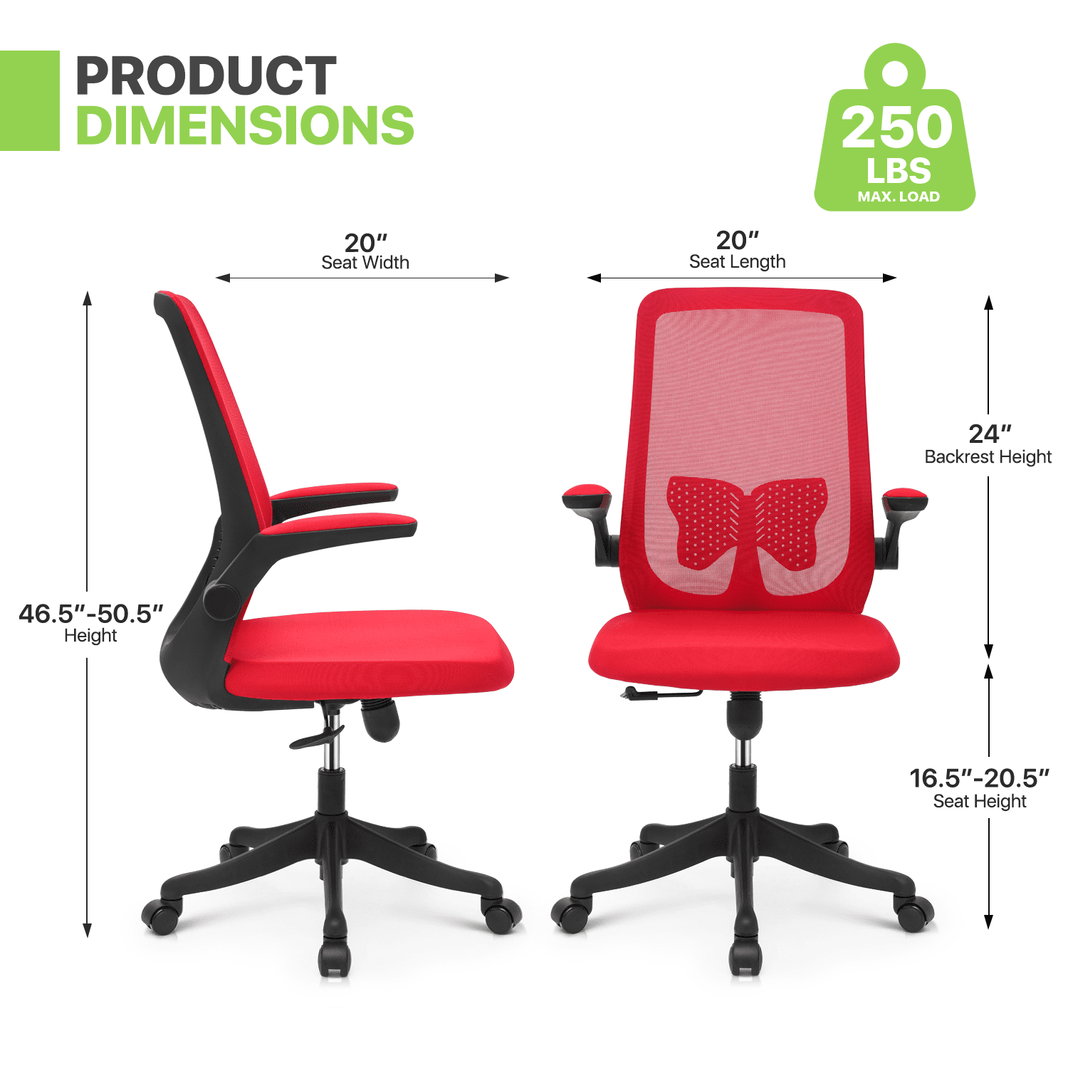 Magshion Set of 2 Office Task Chair, Ergonomic Adjustable Reception Seat with Backrest Flip-Up Arms Lumbar Support, Red