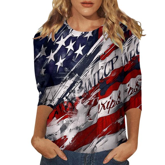 Women's Independence Day Print Fashion Casual Round Neck 3/4 Sleeve T Shirt Holiday Graphic Tee For Summer Celebrations 6 Women's Tees Womens Long Sleeve Tee Short Sleeve Athletic Top Women S T Shirts