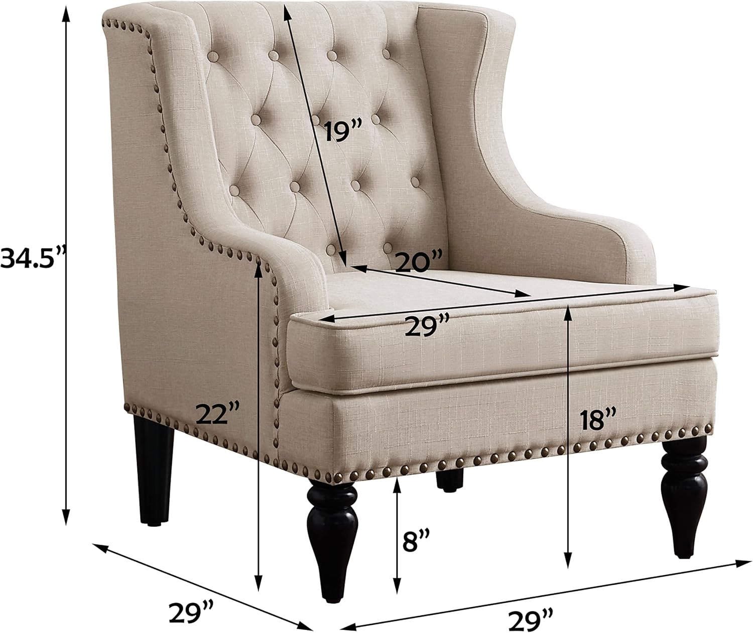 BSHTI Cushioned Accent Chair with Vintage Rivets Finish, Footrest Chair Set with Solid Wood Legs and Ergonomic Backrest, Button Tufted Upholstered Armchair for Livingroom