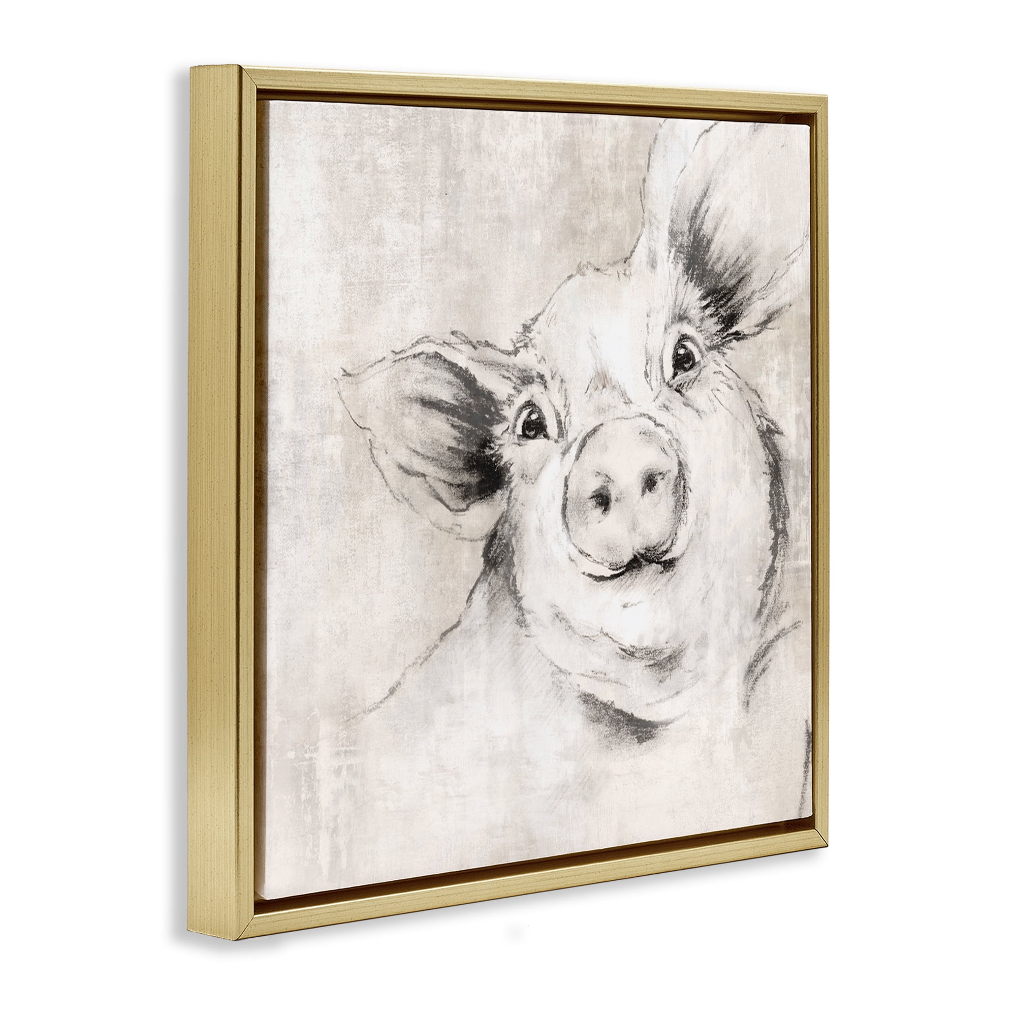 Stupell Industries Pig Sketch Impression Animals Drawing Gold Floater Framed Canvas Art Print Wall Art, 18 x 18