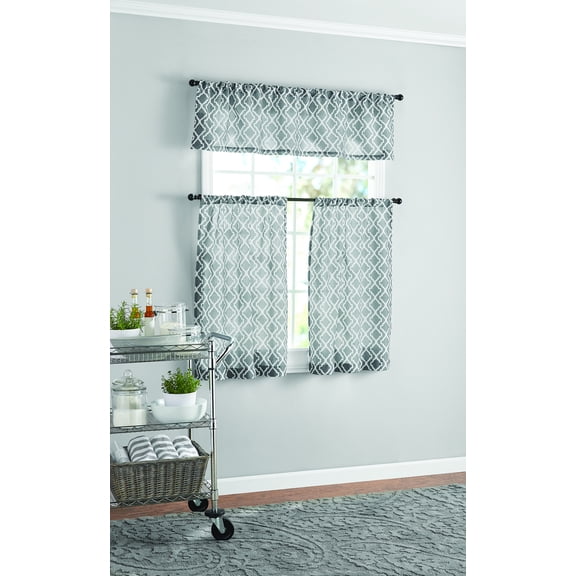 Mainstays Lattice Print Curtain Tier Pair and Valance Set, 3-Piece, Gray, 56" W x 36" L