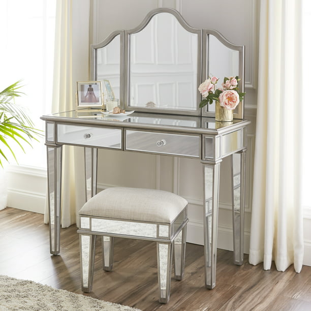 Korta Mirrored Vanity Set Matte Silver, Silver Vanity Desk
