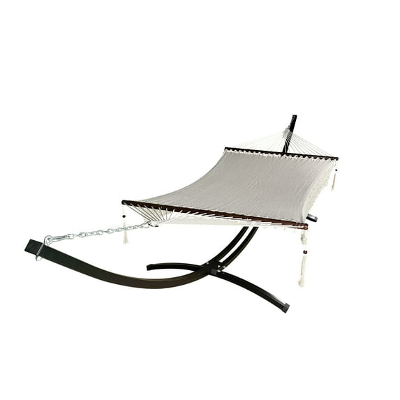 Petra Leisure 15 Ft. Indoor/Outdoor Heavy Duty Black Steel Arc Hammock Stand + Deluxe Hand Woven 2 Person Beige Bohemian Chic Rope Hammock Bed. 450Lb Capacity.