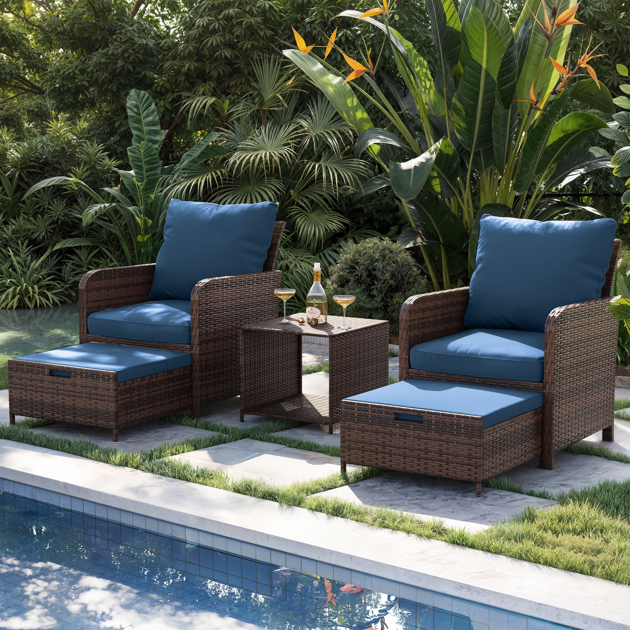 Poteban Balcony Furniture 5 Piece Patio Furniture Set, Outdoor Patio Chair with Ottoman for Front Porch Deck, Wicker Lounge Chair with Side Table,Blue