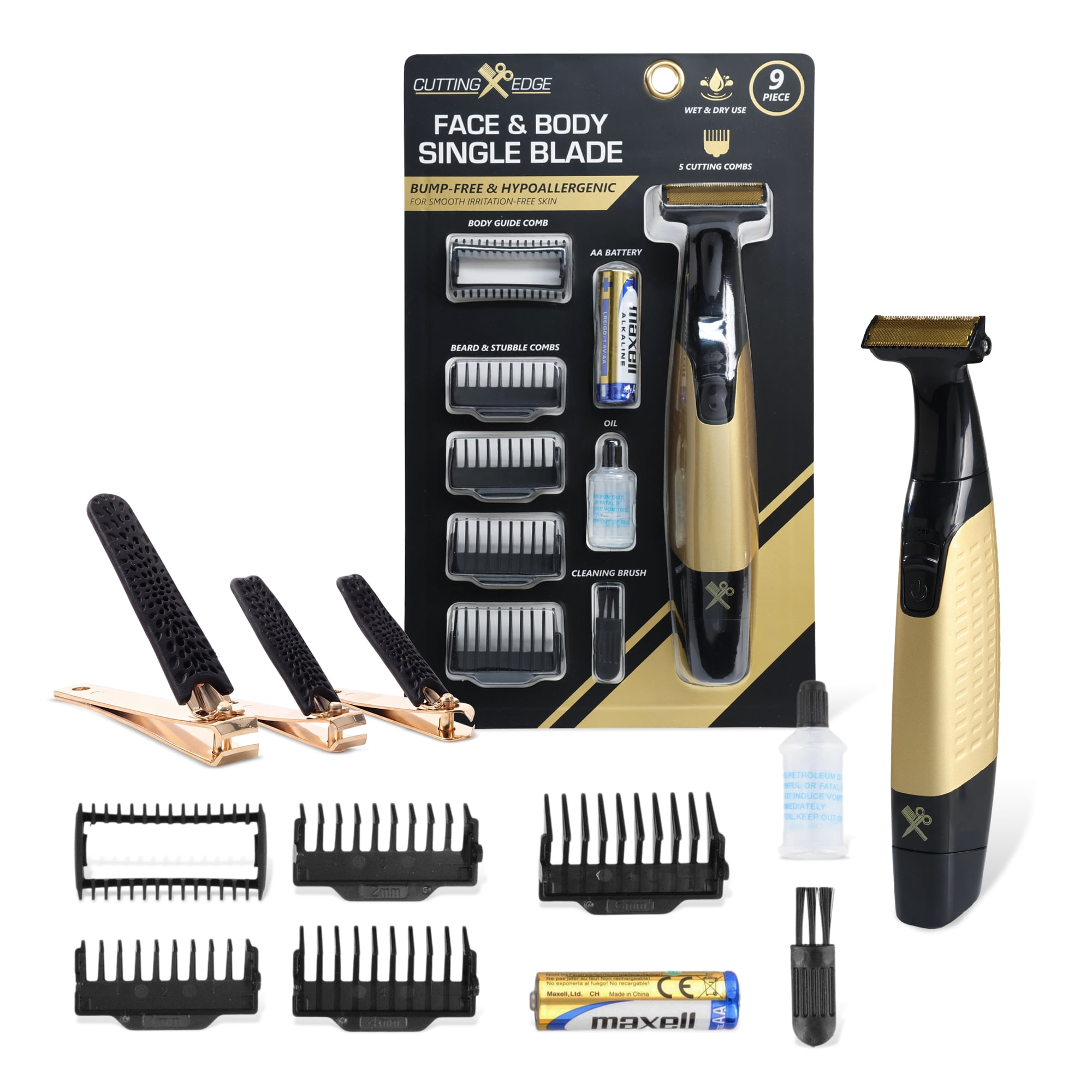 Cutting Edge Men’s Face & Body Trimmer and Nail Clipper Set, 12-Piece Grooming Bundle, Black and Gold