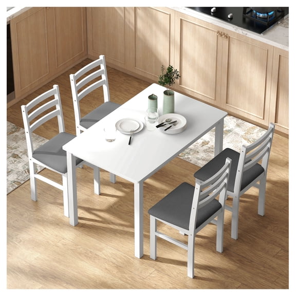 5-Piece Kitchen Table Set for 4, Farmhouse Dining Set with Upholstered Chairs, Rubber Wood Legs, Small Dining Table Set for Kitchen, White