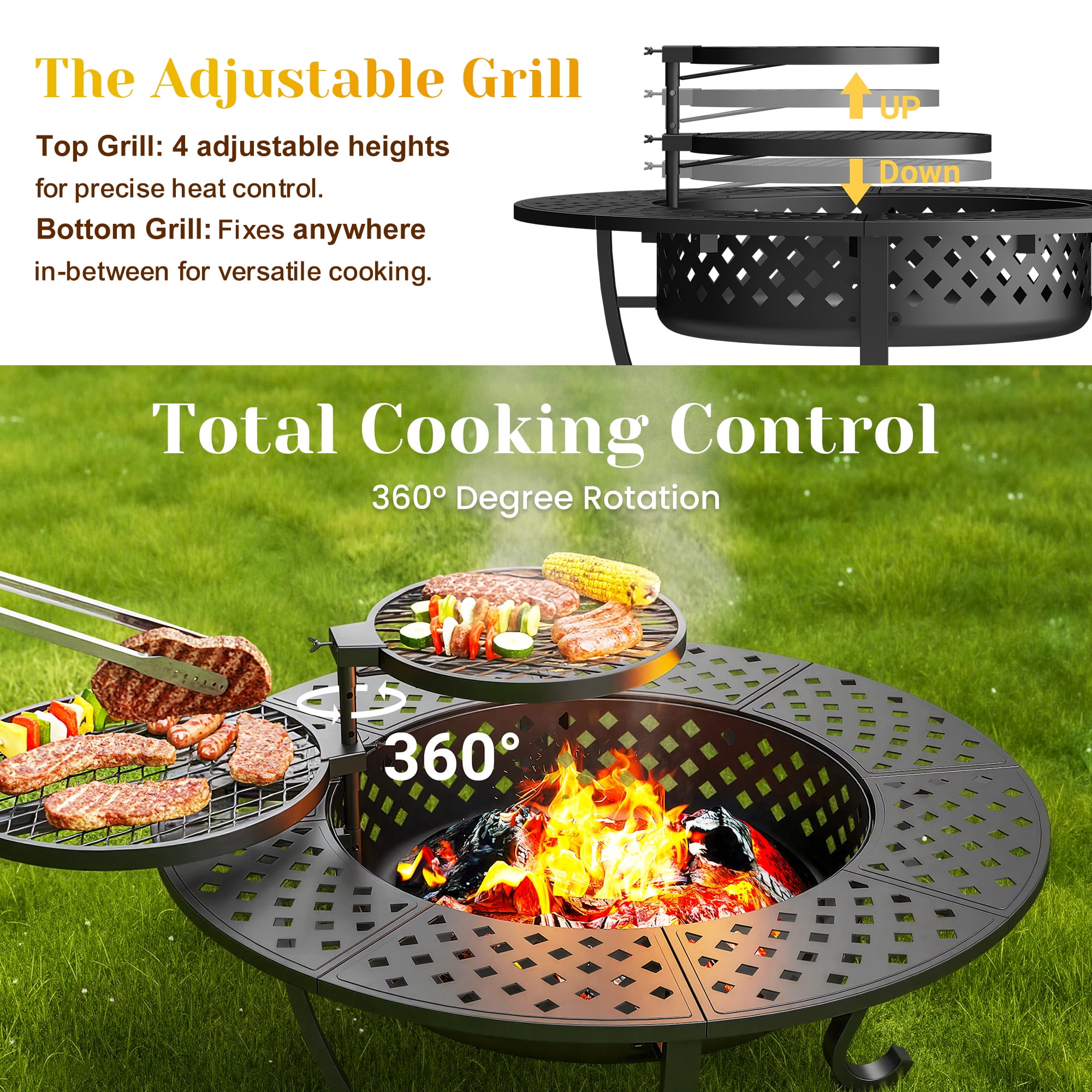 CozyHome 43'' Fire Pit with 2 Grills, Lid, and Fire Poker, Outdoor Wood Burning Fireplace, BBQs, Bonfire & Round Metal Table 3 in 1 for Patio, Picnic, Party, Black