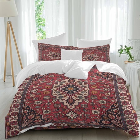 Boho Abstract Plant Queen Size Comforter Set, Vintage Red Black Retro National Medieval Trible Bedding for All Seasons, 4 Pcs Bed Set, 1Quiltcover (90"x92") ,1Sheet(94"x116"), 2Pillowcases (30"x20")