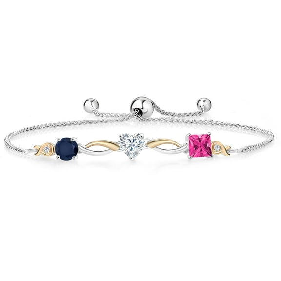Gem Stone King 925 Silver and 10K Yellow Gold Blue Sapphire Moissanite Pink Mystic Topaz and Lab Grown Diamond Tennis Bracelet for Women By Keren Hanan (2.20 cttw, Adjustable up To 9 inch)
