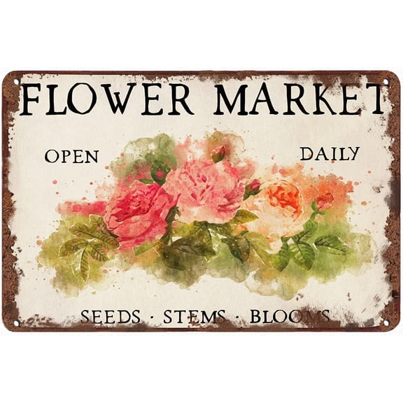 Vintage Flower Market Metal Wall Art Plaque, Retro Kitchen Summer Decor Tin Sign, 8 x 12 Inch