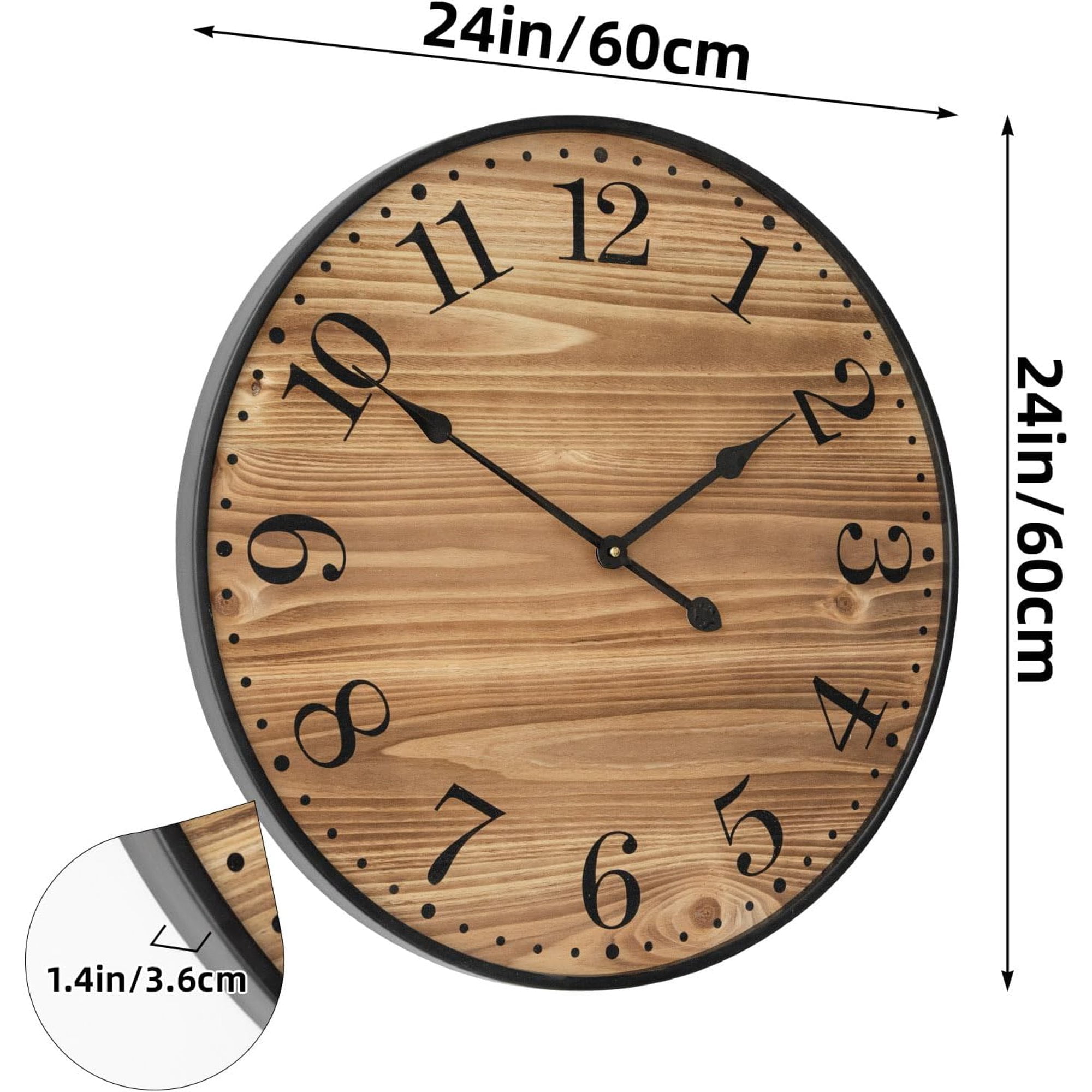 MODE HOME 24 Inch Large Farmhouse Wall Clock, Silent Non-Ticking Wood and Metal Decorative Clock, Rustic Dark Brown Round Wall Clock for Living Room, Kitchen, Bedroom