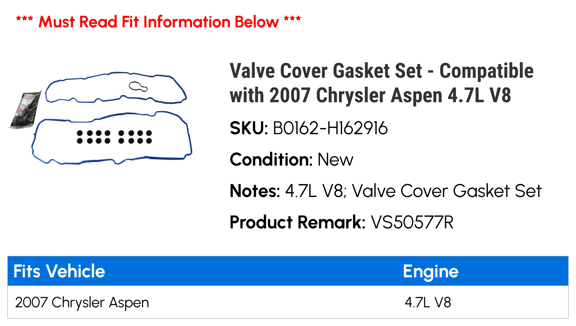 Valve Cover Gasket Set - Compatible with 2007 Chrysler Aspen 4.7L V8