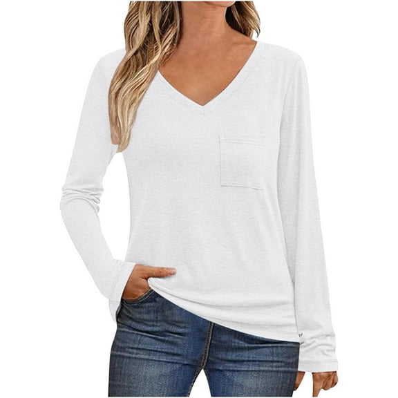 ZyeKqe Womens Long Sleeve Shirts Casual V Neck Top Solid Color Loose Fitting Tees TopFall Clothes