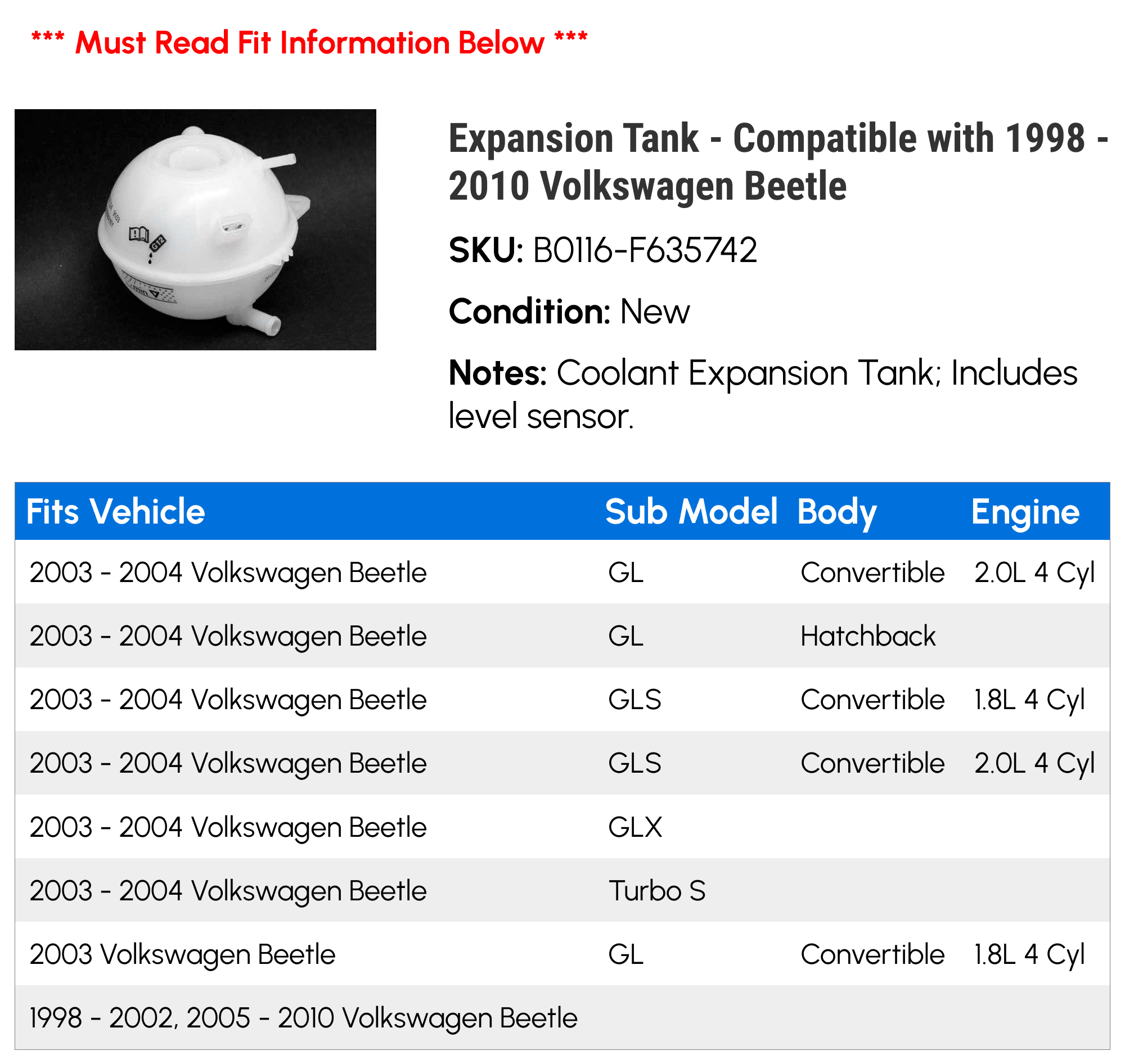 Expansion Tank - Compatible with 1998 - 2010 Volkswagen Beetle 1999 2000 2001 2002 2003 2004 2005 2006 2007 2008 2009