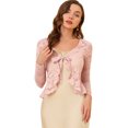 thumbnail image 1 of Cárdigan corto con lazo en la parte delantera para mujer Dobladillo con volantes Top transparente de encaje floral Rosa XS, 1 of 5