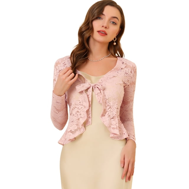 Cárdigan corto con lazo en la parte delantera para mujer Dobladillo con volantes Top transparente de encaje floral Rosa XS