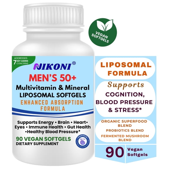 Nikoni Men's 50  Multivitamin & Mineral Liposomal Vegan Softgels for Enhanced Absorption, 90 Count