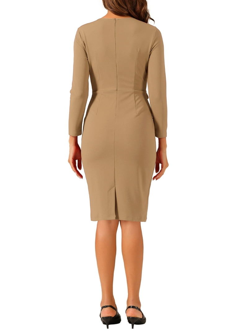 midi long sleeve work dress Women's V-neck Long Sleeve Tie Back Midi Work Dress with Pockets