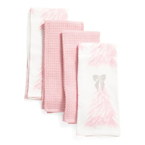 Kassatex Winter Christmas Kitchen Towels, 18 x 28 inches, 4 Pack Pink Trees, Silver Bows