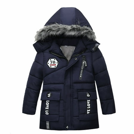 SnnmBlm Toddler Boys Girls Down Jacket Fur Hood Thick Warm Winter Coat Parka Kids Fleece Lined Quilted Padded Jacket Coat Navy 120