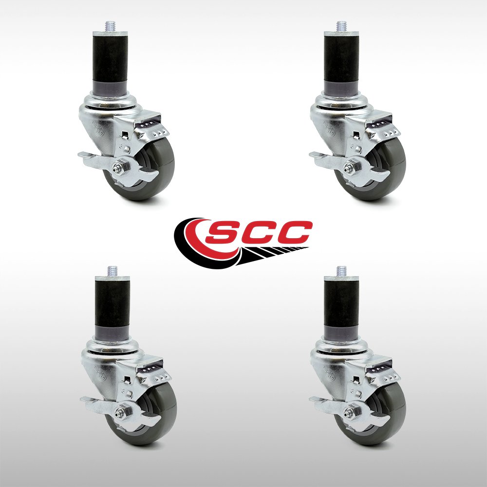 Stainless Steel Polyurethane Swivel Expanding Stem Caster Set of 4 w/3