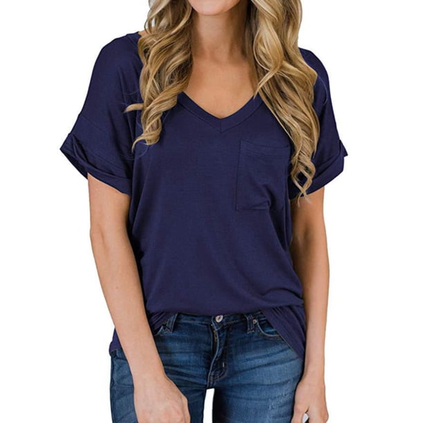 Guardurnaity Blusa de manga corta con cuello en V, camiseta suelta informal, camisetas de verano con bolsillo Prendas para la parte del cuerpo Azul marino XXL