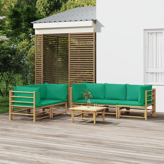 vidaXL 6 Piece Patio Lounge Set with Green Cushions Bamboo