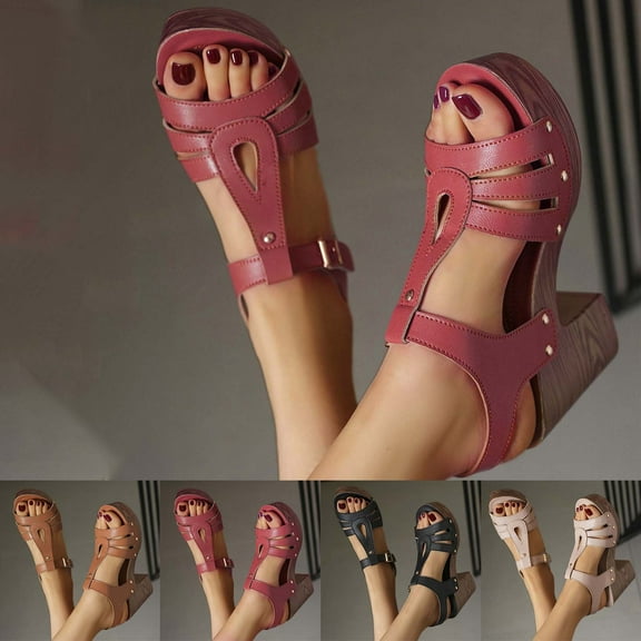 Miluxas Chunky Heel Sandals for Women Spring Summer Trendy Open Toe Shoes Adjustable Ankle Strap Leather Sandals Khaki 9.5(43)