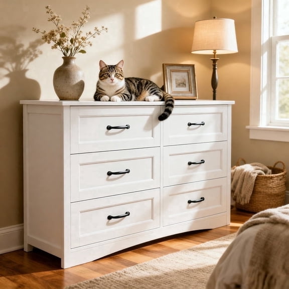 6 Drawer Dresser for Bedroom, Aiho Chest of Drawers with Metal Handle & Anti-Tip Storage Cabinet for Living Room, Nursery, Hallway, White