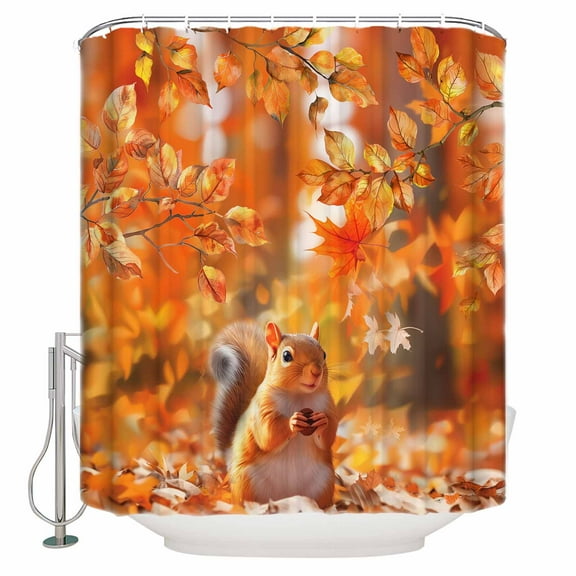 Small Stall Shower Curtain 48x72 Inch Narrow Half Size Orange Fall Bath Curtains Bathroom Decor Squirrel Autumn Botanical Thanksgiving Waterproof Fabric Shower Curtain Set with Hooks 48 Inch