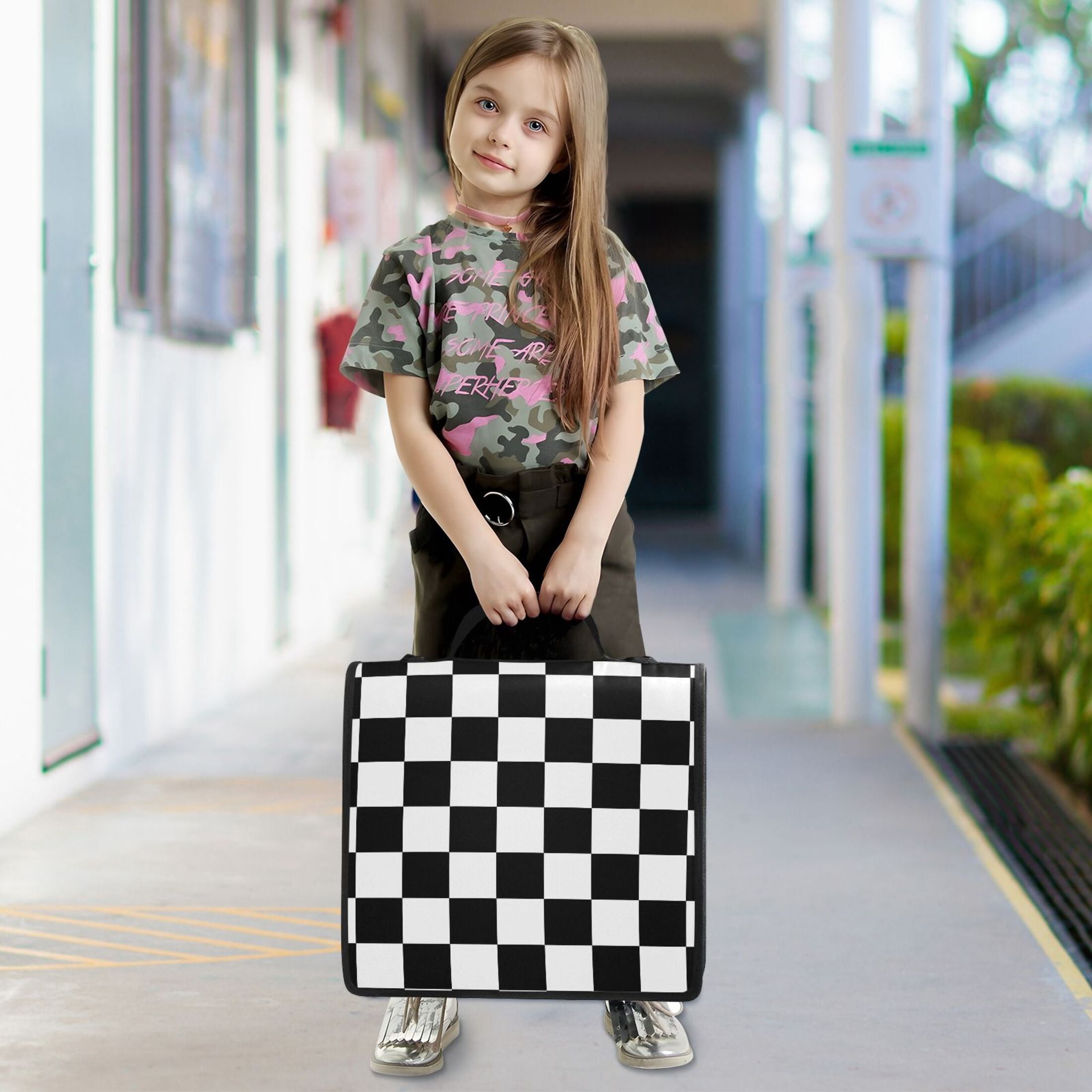 ALAZA Zipper Binder White and Black Checkered Grid Art Pattern 3 Ring Trapper Keeper File Folder Organizer Bag