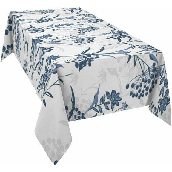 Vintage Floral Plant Tablecloth Rectangle Round Table Cloth 60x120 Inch, Blue Indoor or Outdoor Tablecloth, Spring Summer Waterproof Polyester Washable Table Cover for Party Holiday Picnic Decoration