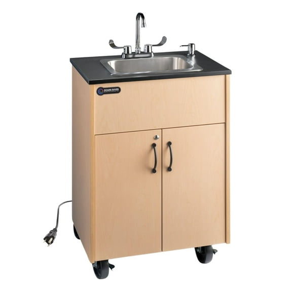 Ozark River Portable Sinks Premier 1D, Deep Stainless Sink Basin-Laminate Countertop-Maple Laminate Cabinet, Mobile Hot Water Handwashing Station with Water Tanks, NSF-Certified 110v Sink with Wheels