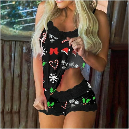 

Tawop Women Christmas Sexy Lingerie Fashion Print Pajamas Sleeveless Lace Cami Shorts Pajama Set Biker Shorts Easter Bunny